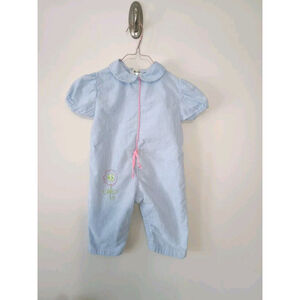 Vintage Sears Seersucker Blue White Striped Short Sleeve Romper Flower 24-30M